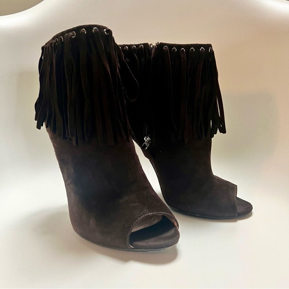 Prada Suede Fringe Peep Toe Bootie Dark Brown EU 38 EUC MSRP $1145 - Picture 3 of 10